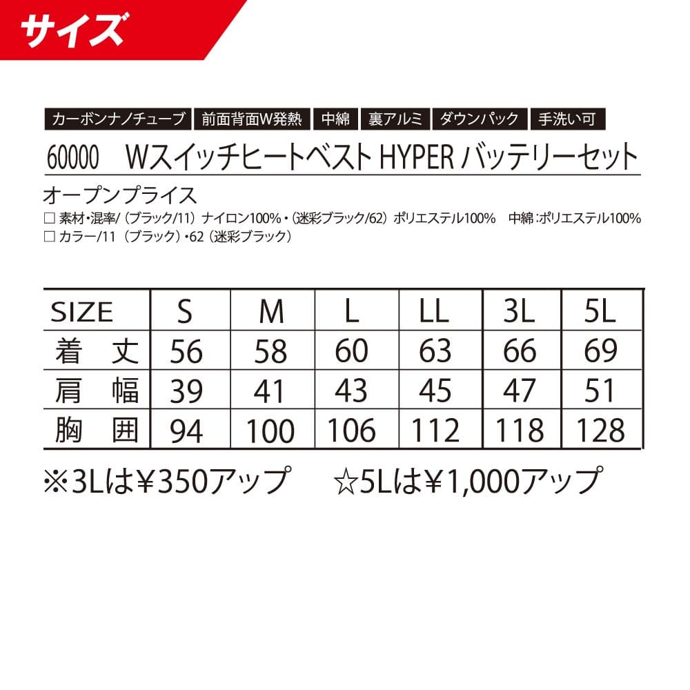 アタックベース ATACK BASE WスイッチヒートベストHYPERバッテリーセット 60000 ｜14,694円｜作業服通販｜正規代理店｜ワークウェアオンライン